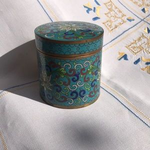 Box Round Antique Cloisonné Turquoise Enamel 3”H